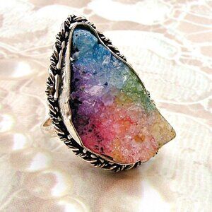 Ametrine Ring Rough Cut Crystal Stone 925 Marked Sterling Silver Plated Size 8